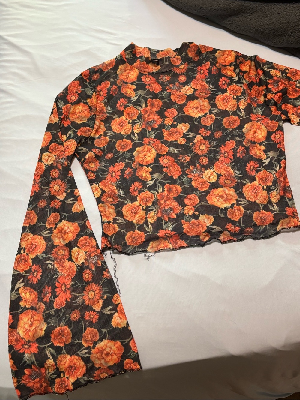 Floral Mesh Long-Sleeve Crop Top